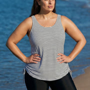 Curvy Black Stripe Drawstring Color Block Women'S Swimsuit Tankini Top