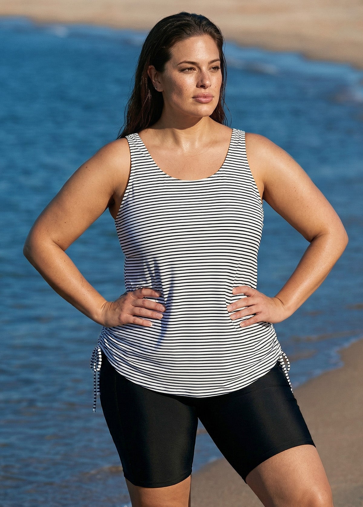 Curvy Black Stripe Drawstring Color Block Women'S Swimsuit Tankini Top