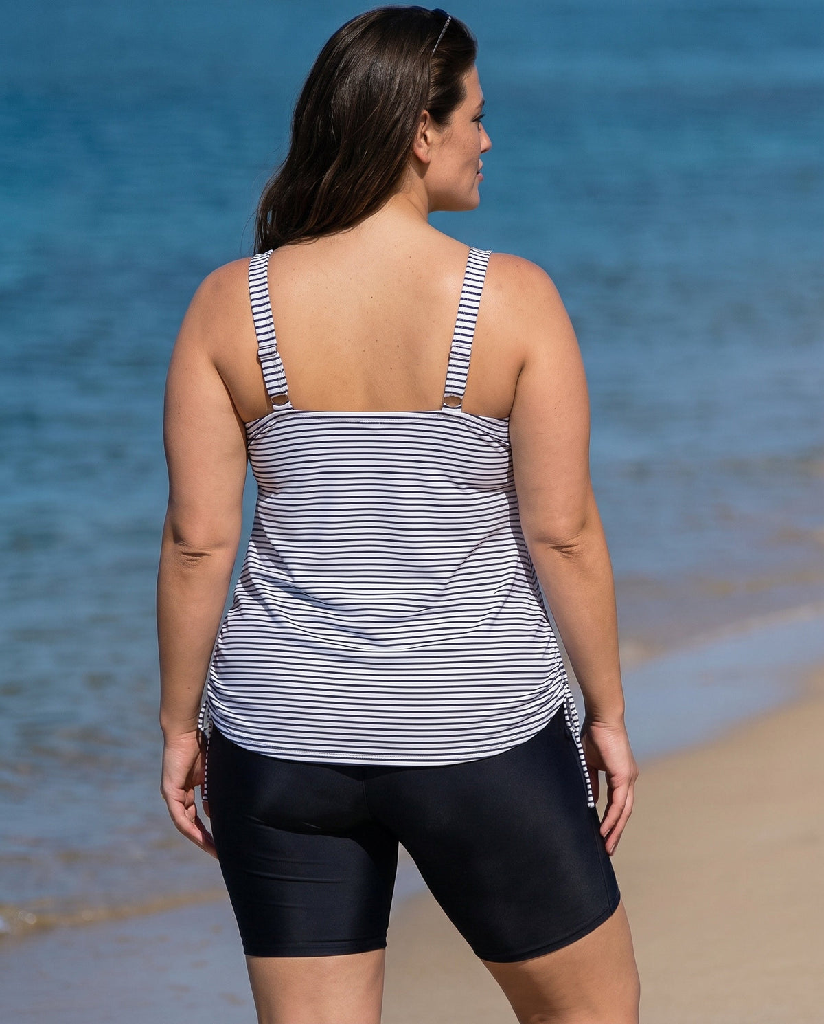 Curvy Black Stripe Drawstring Color Block Women'S Swimsuit Tankini Top
