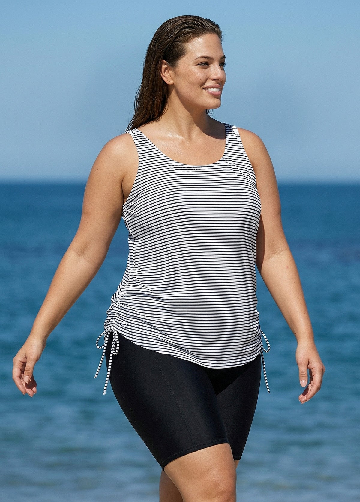 Curvy Black Stripe Drawstring Color Block Women'S Swimsuit Tankini Top