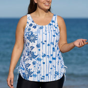 Curvy White Blue Floral Stripe Scoop Neck Vintage Drawstring Women's Swimsuit Tankini Top