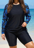 Blue Floral High Neck Upf50+ Long Sleeves Side Drawstring Plus Swimsuit Shirt Tankini Top