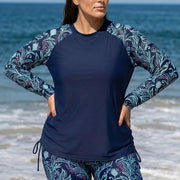 Navy Floral High Neck Upf50+ Long Sleeves Drawstring Plus Size Women's Swimsuit Tankini Top
