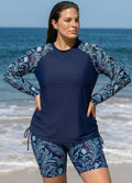 Navy Floral High Neck Upf50+ Long Sleeves Drawstring Plus Size Women's Swimsuit Tankini Top
