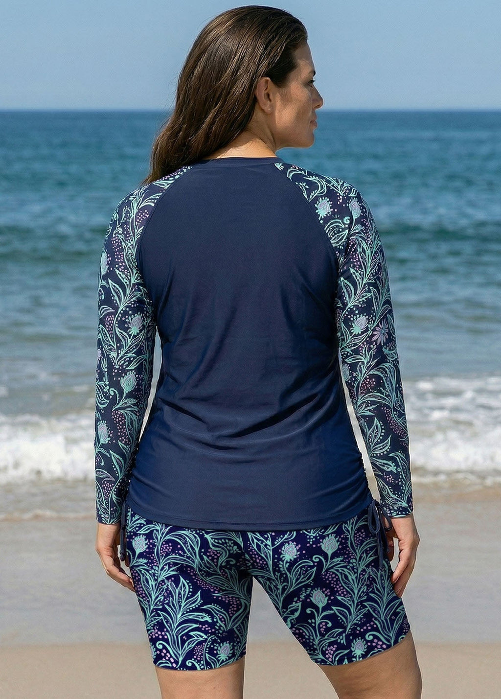 Navy Floral High Neck Upf50+ Long Sleeves Drawstring Plus Size Women's Swimsuit Tankini Top