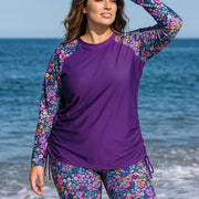 Purple Floral Print High Neck UPF50+ Raglan Long Sleeve Drawstring Curvy Tankini Top