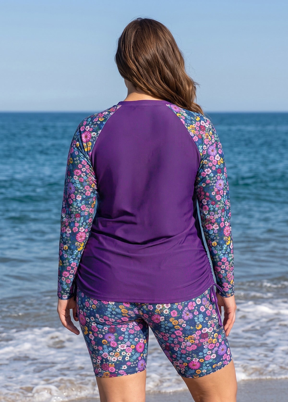 Purple Floral Print High Neck UPF50+ Raglan Long Sleeve Drawstring Curvy Tankini Top