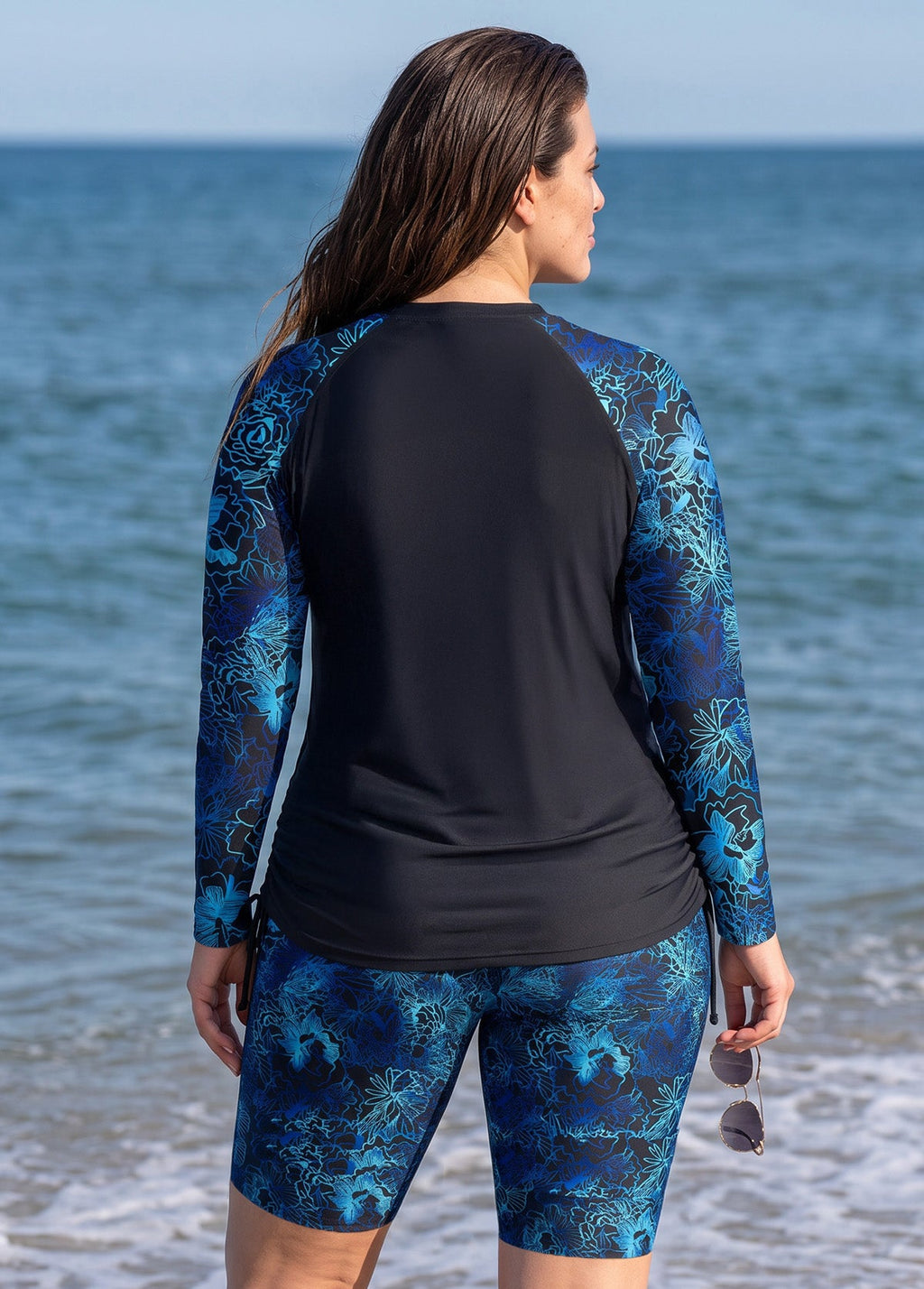 Black Floral High Neck UPF50+ Long Sleeves Drawstring Curvy Women's Swimsuit Tankini Top