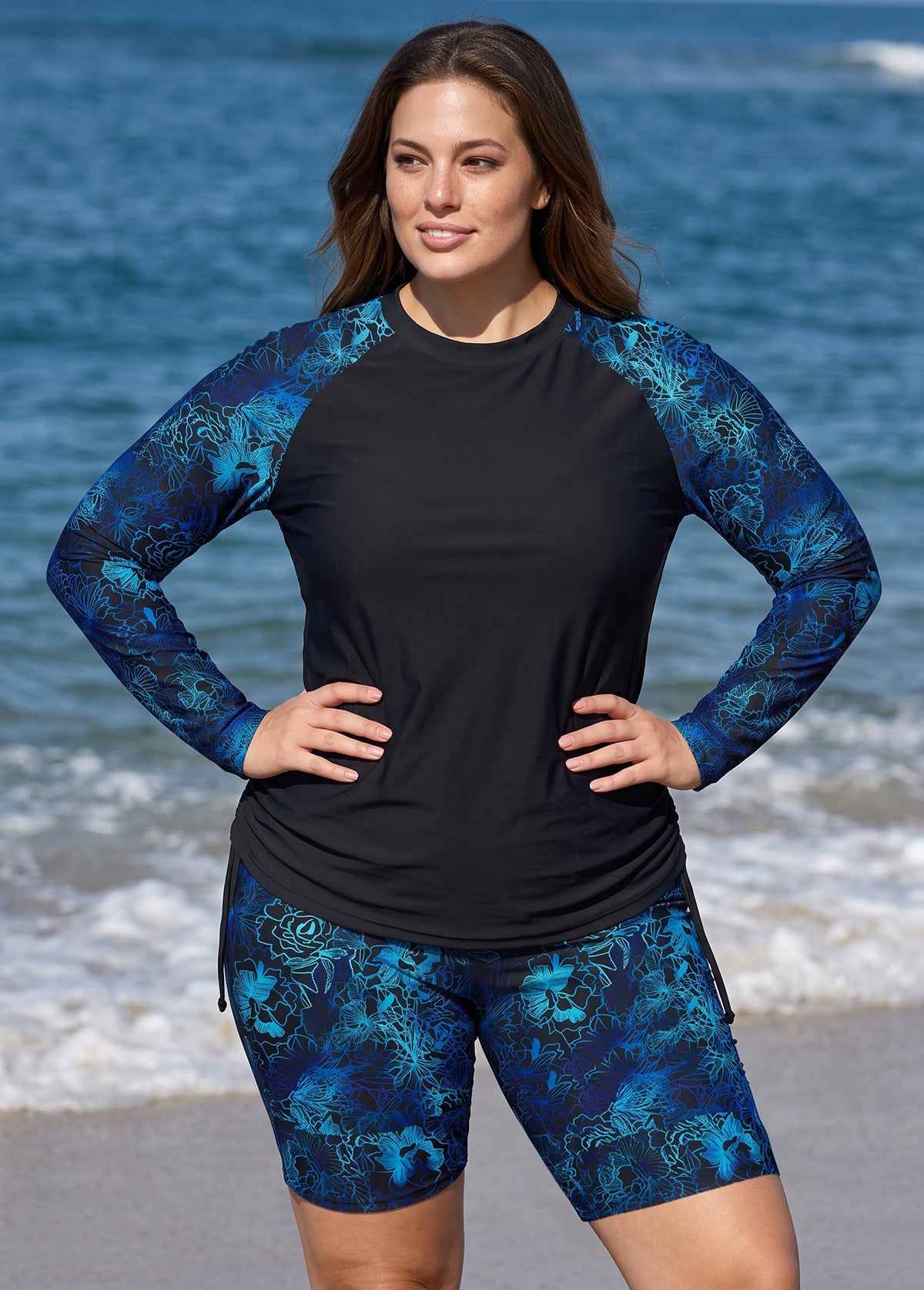 Black Floral High Neck UPF50+ Long Sleeves Drawstring Curvy Women's Swimsuit Tankini Top