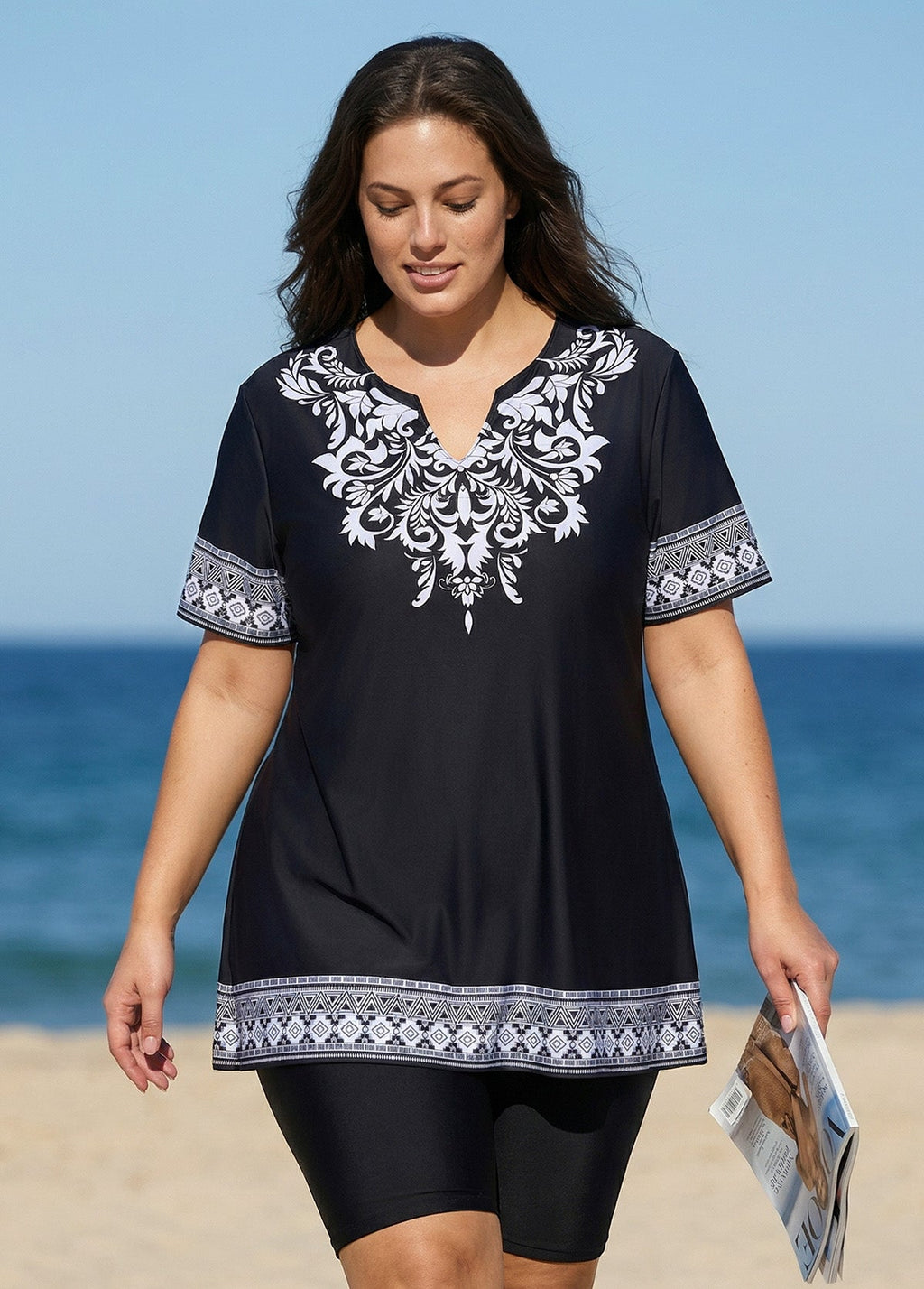 Curvy Black V Neck Loose Short Swimsuit Tankini Top