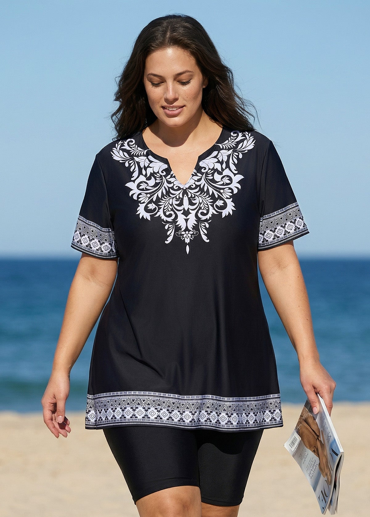 Curvy Black V Neck Loose Short Swimsuit Tankini Top