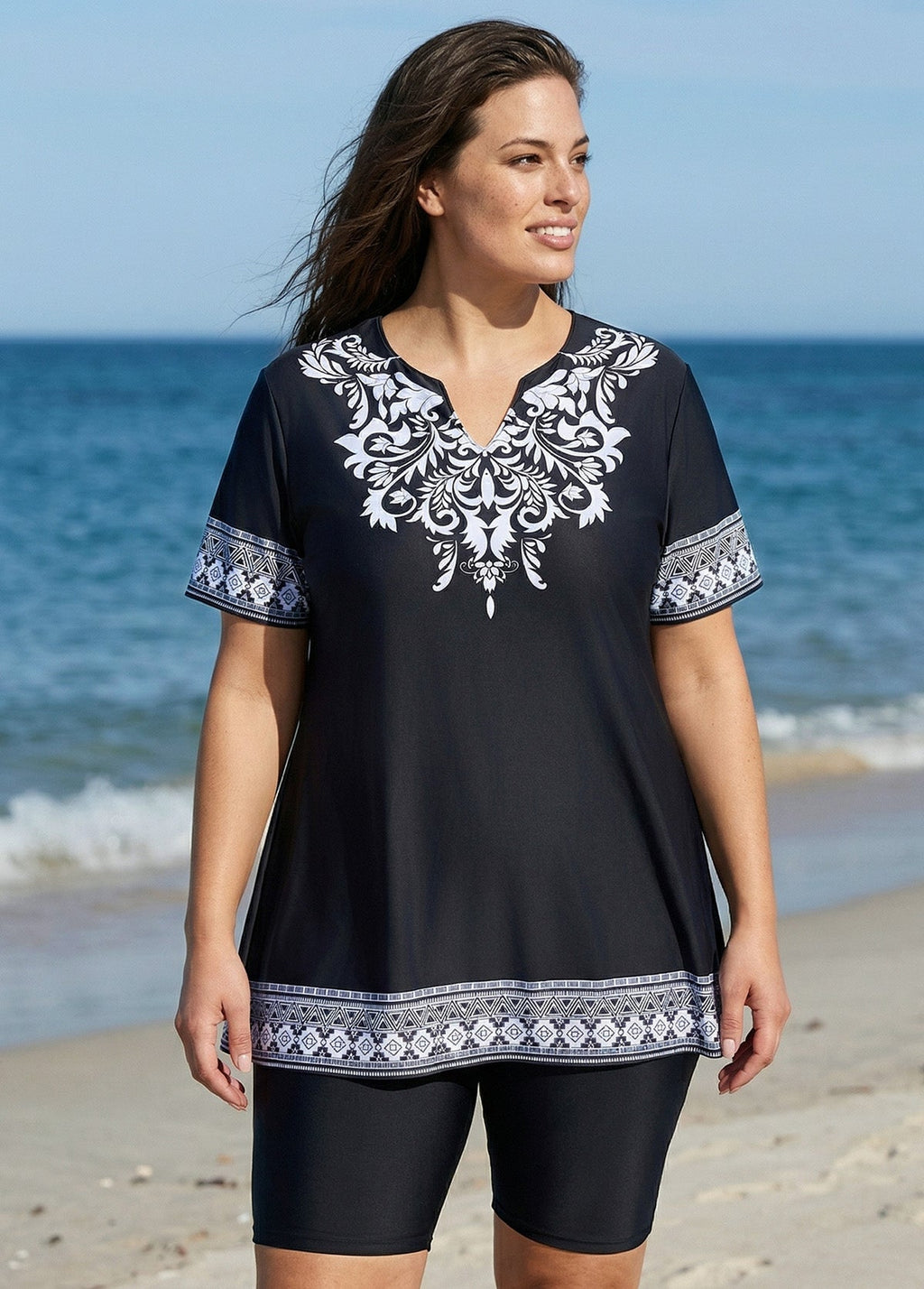 Curvy Black V Neck Loose Short Swimsuit Tankini Top