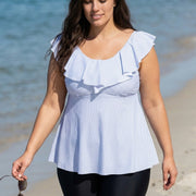 Plus Size Blue Stripe Print Scoop Neck Built In Bra Ruffle Women's Swimsuit Tankini Top