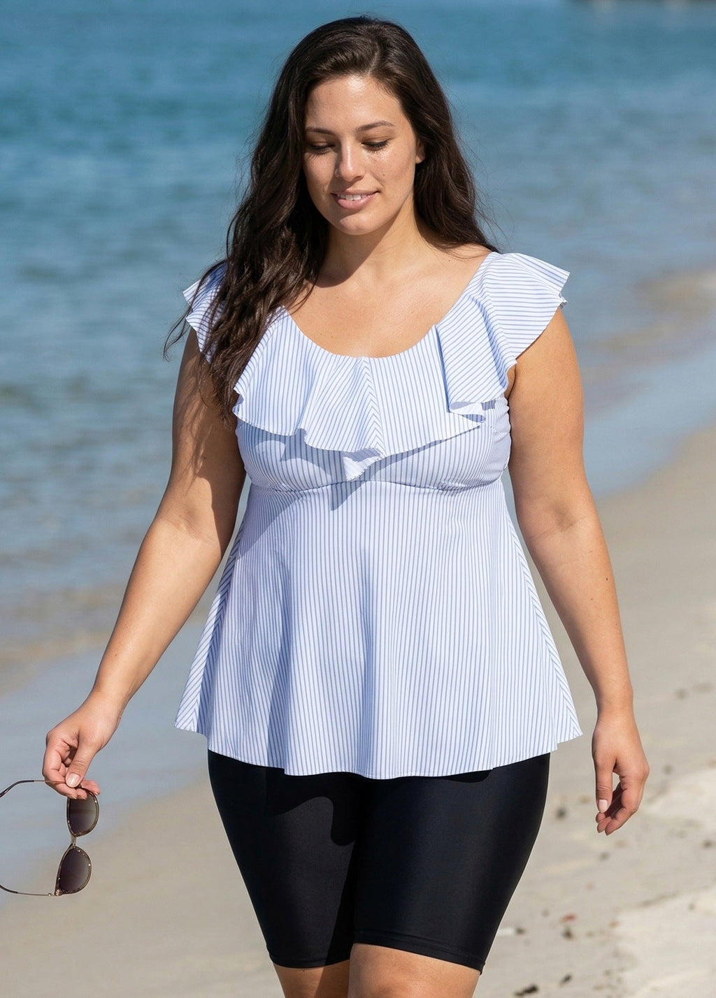 Plus Size Blue Stripe Print Scoop Neck Built In Bra Ruffle Women's Swimsuit Tankini Top