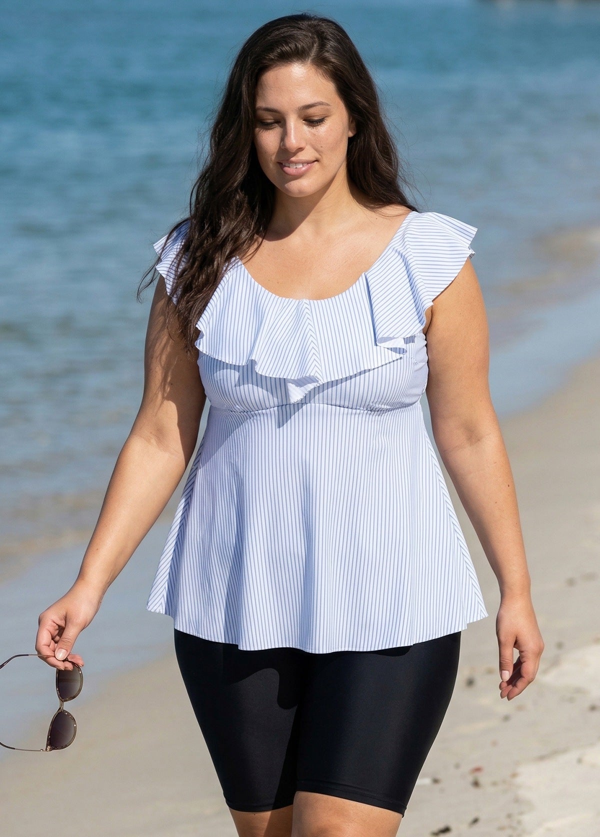 Plus Size Blue Stripe Print Scoop Neck Built In Bra Ruffle Women's Swimsuit Tankini Top