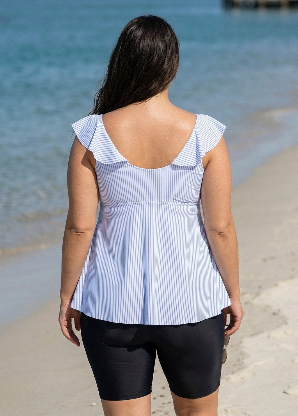 Plus Size Blue Stripe Print Scoop Neck Built In Bra Ruffle Women's Swimsuit Tankini Top
