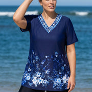 Plus Size Navy Floral V Neck  Upf50+ Short Sleeves Modest Padded Swimsuit Long Tankini Top