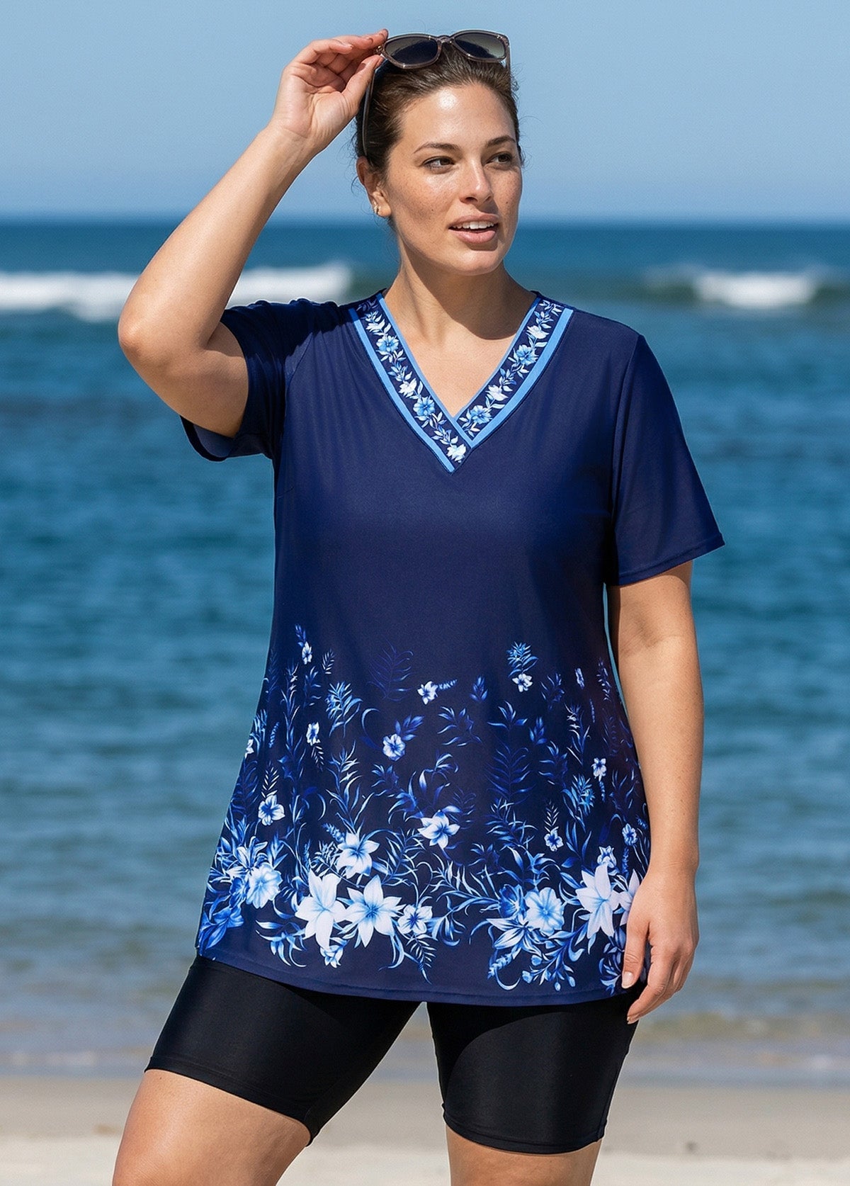 Plus Size Navy Floral V Neck  Upf50+ Short Sleeves Modest Padded Swimsuit Long Tankini Top