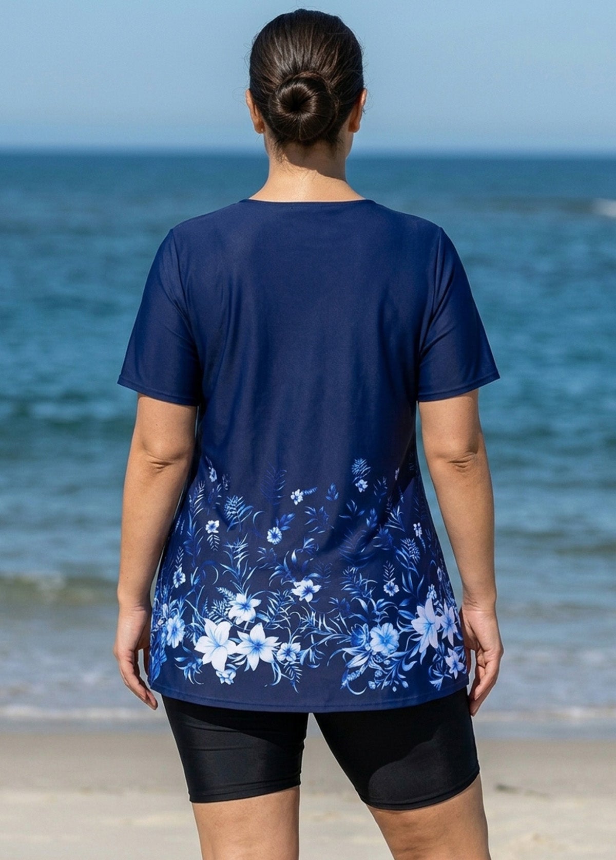 Plus Size Navy Floral V Neck  Upf50+ Short Sleeves Modest Padded Swimsuit Long Tankini Top
