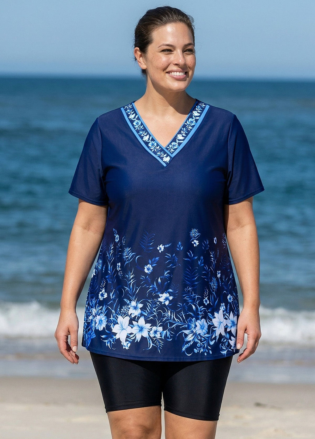 Plus Size Navy Floral V Neck  Upf50+ Short Sleeves Modest Padded Swimsuit Long Tankini Top