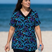 Green Iridescent Leaf Print V Neck Upf50+ Short Sleeves Flattering Curvy Swimsuit Tankini Top