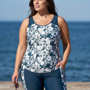 Navy Floral Print Scoop Neck Sleeveless Modest Curvy Women's Swimsuit Tankini Set