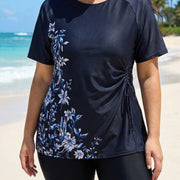 Curvy Black Floral Upf50+ Short Sleeves Vintage Side Drawstring Swimsuit Shirt Tankini Top