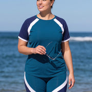 Teal And Navy Colorblock Scoop Neck UPF50+ Short Sleeves Flattering Curvy Tankini Top