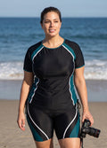 Curvy Black And Green Colorblock Scoop Neck UPF50+ Short Sleeves Flattering Drawstring Tankini Top