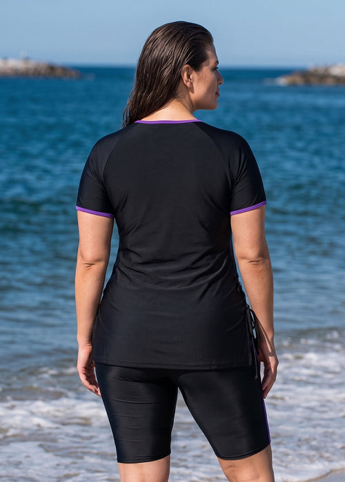 Black And Purple Colorblock Scoop Neck UPF50+ Short Sleeves Flattering Drawstring Curvy Tankini Top