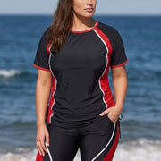 Plus Size Black And Red Colorblock Scoop Neck UPF50+ Short Sleeves Modest Drawstring Tankini Top