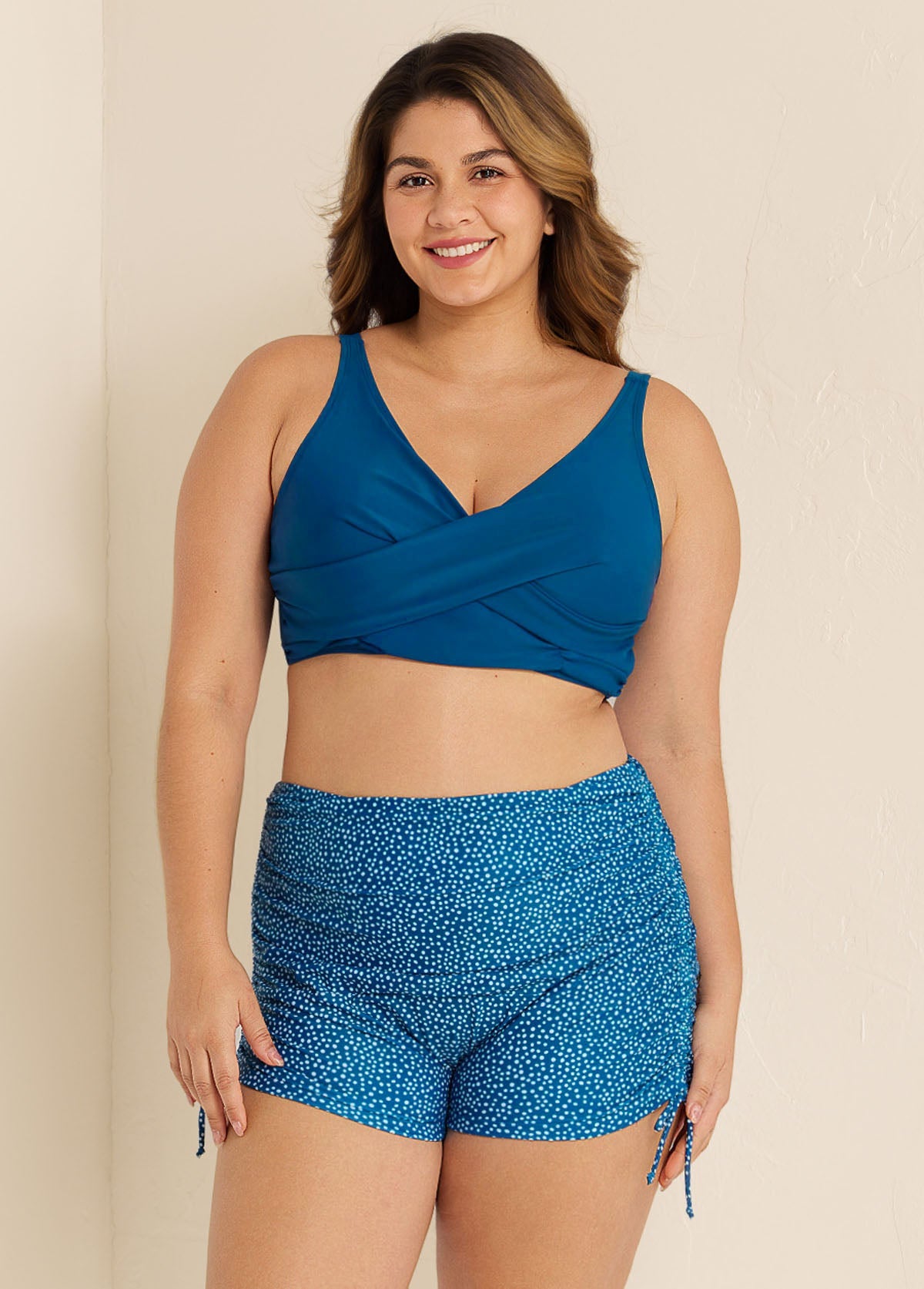 Deep Blue Twisted Front Fashion Plus Size Bikini Top
