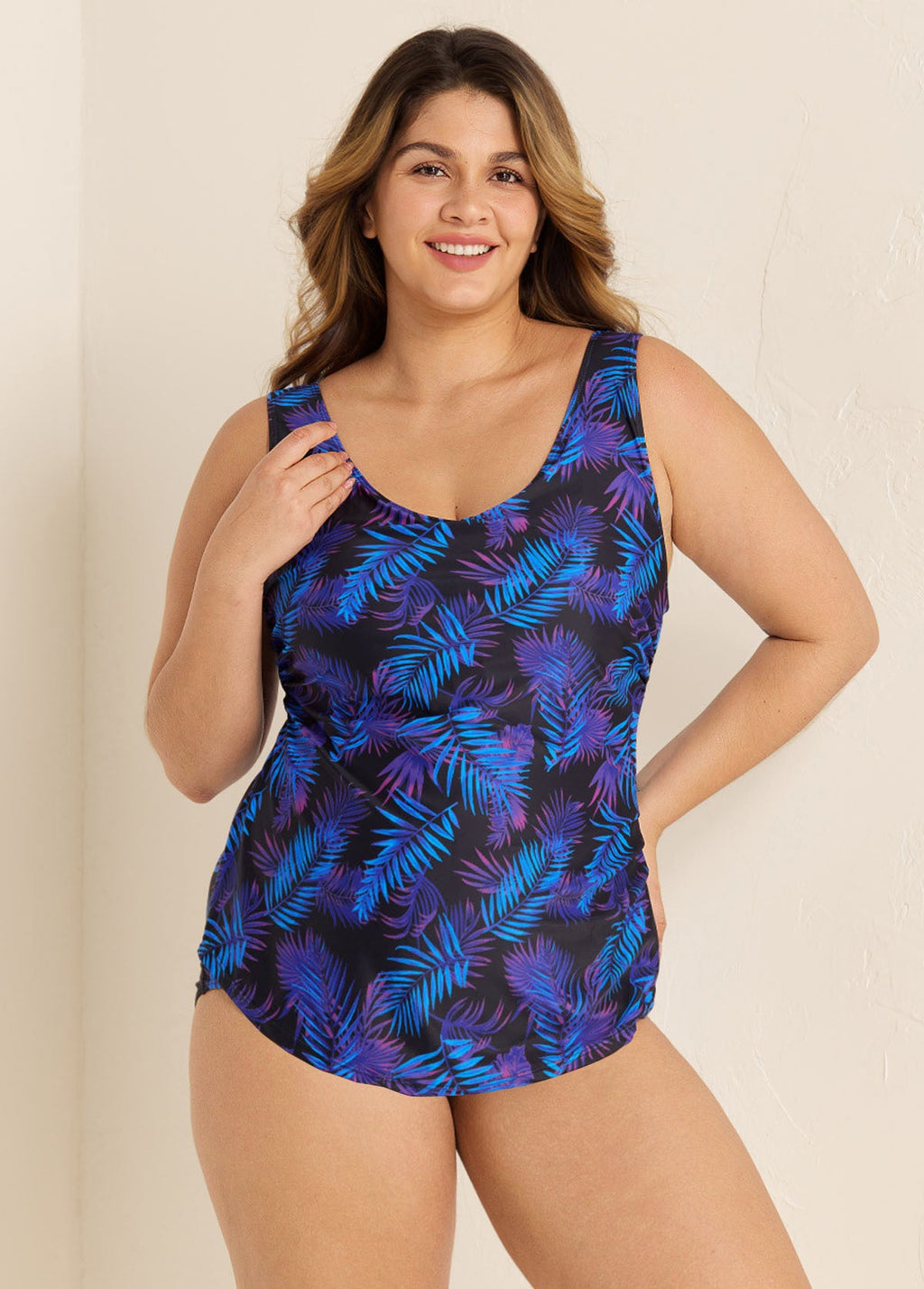 Purple Plants Print Stylish Plus Size Modest One Piece Swimsuit