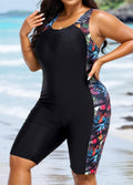 Plants Print Scoop Neck Athletic Boyleg Tummy Rash Guard Control One Piece Swimsuit