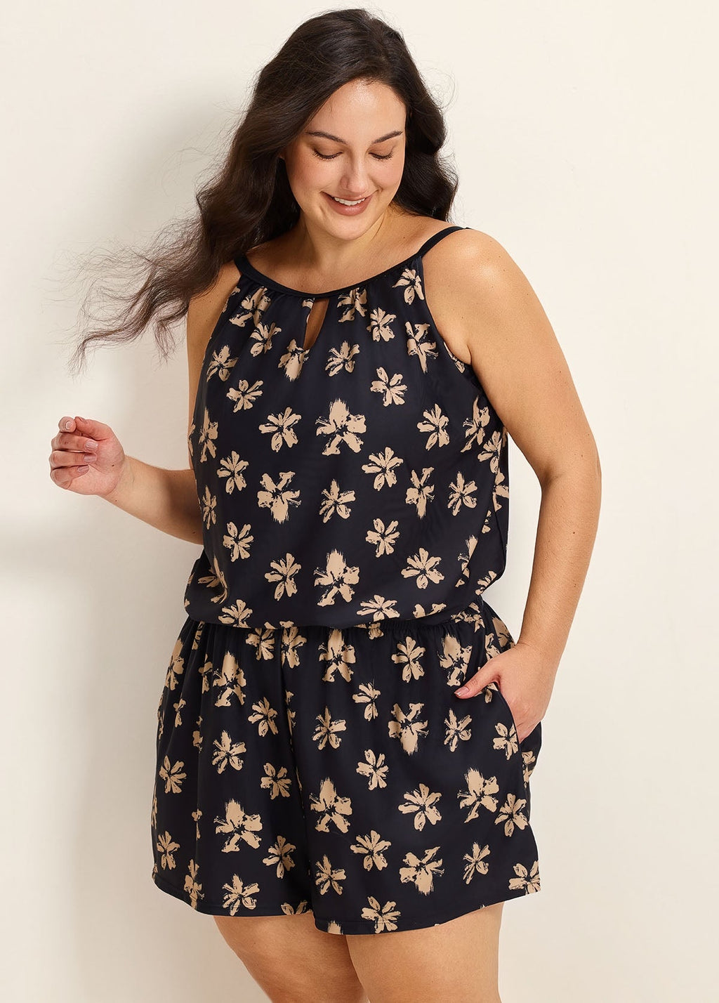 Yellow Floral Keyhole Neck Modest Pocket Curvy Women's Swimsuit One Piece Swim Romper