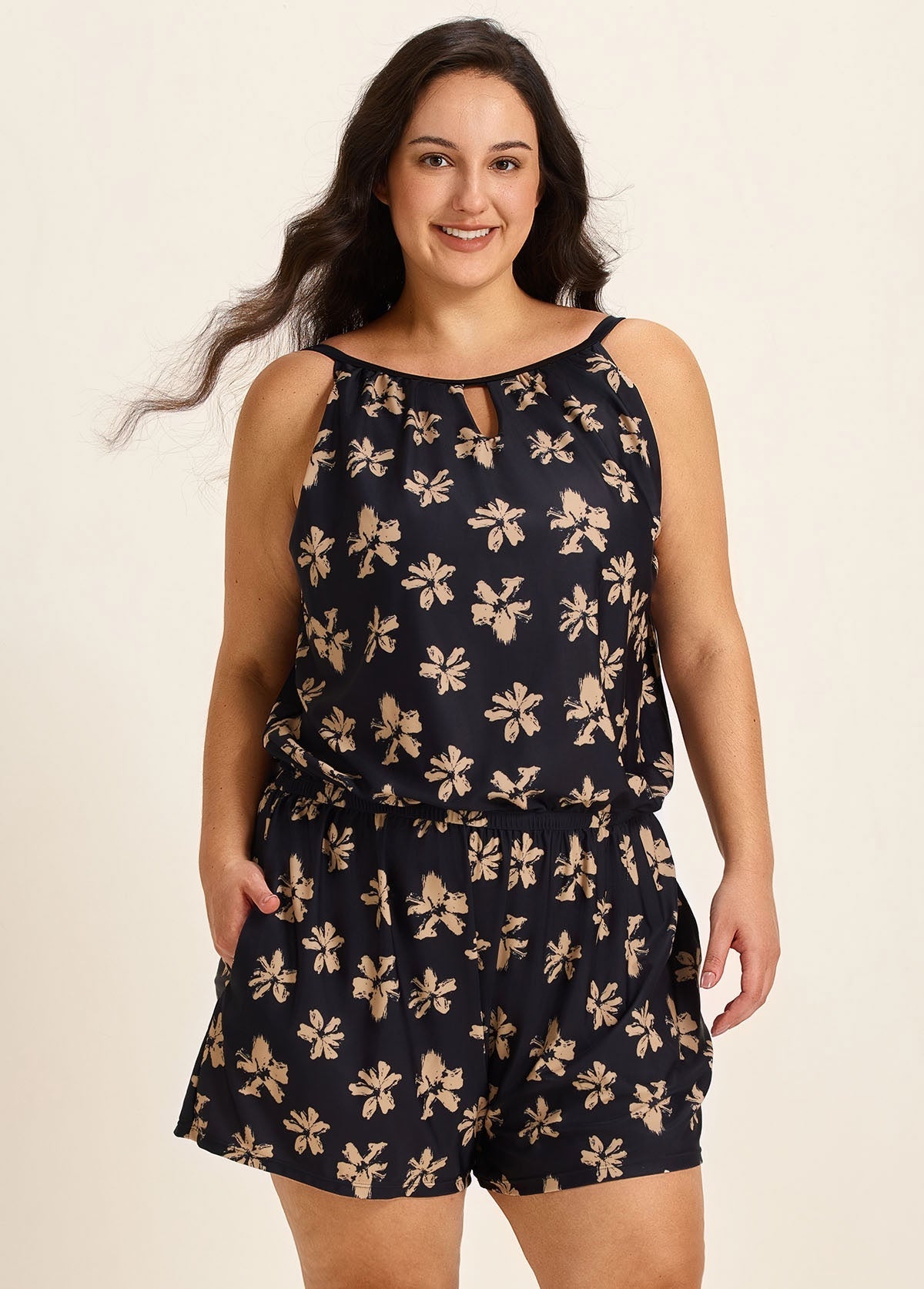 Yellow Floral Keyhole Neck Modest Pocket Curvy Women's Swimsuit One Piece Swim Romper