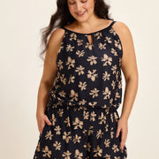 Yellow Floral Keyhole Neck Modest Pocket Curvy Women's Swimsuit One Piece Swim Romper
