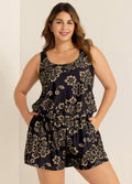 Black Print Wide Strap Pocket Plus Size One Piece Swimsuit Swim Romper