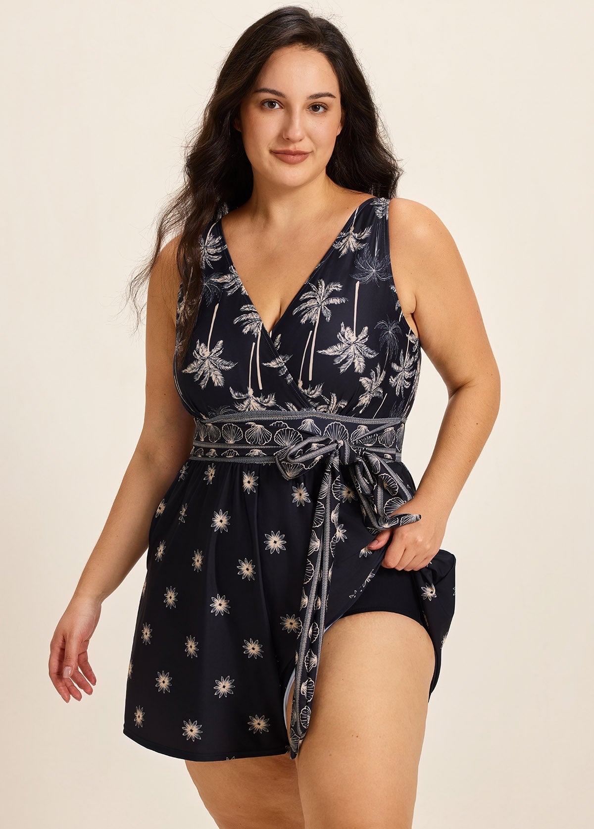 Curvy Black Palm Tree Print Flattering Wrap Pocket Curvy Swimsuit One Piece Swim Romper