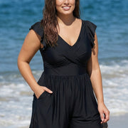 Plus Size Black Twisted Front Ruffled One Piece Swimsuit Swim Romper