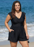 Plus Size Black Twisted Front Ruffled One Piece Swimsuit Swim Romper