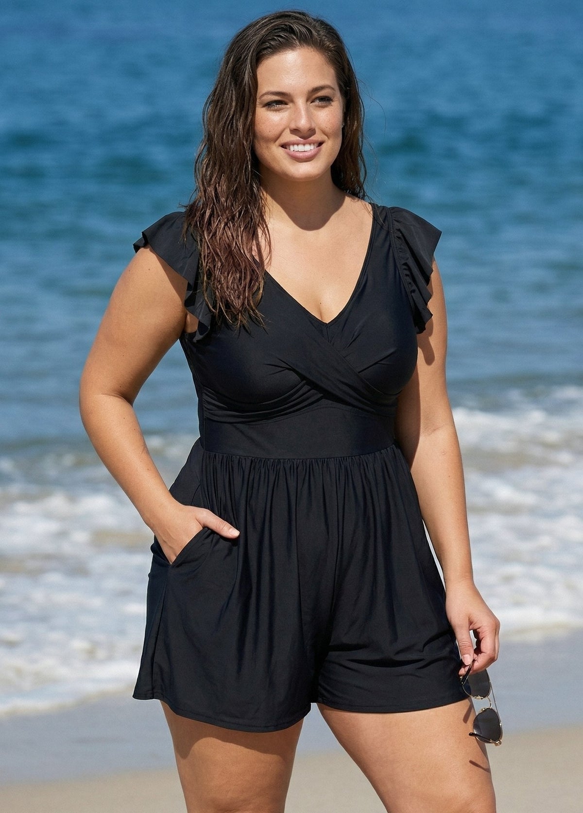 Plus Size Black Twisted Front Ruffled One Piece Swimsuit Swim Romper