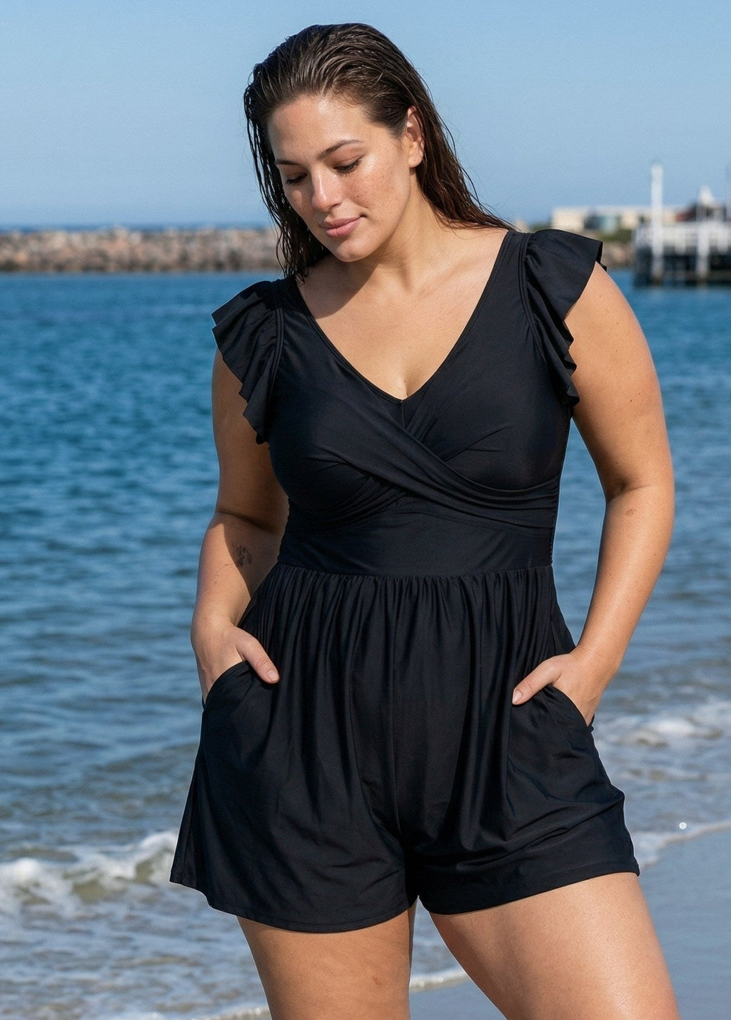 Plus Size Black Twisted Front Ruffled One Piece Swimsuit Swim Romper