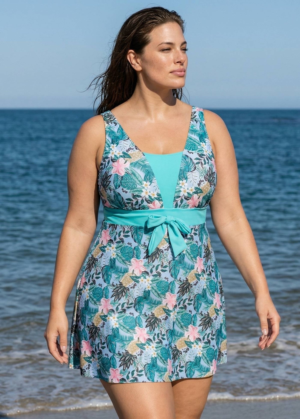 Charming Plus Size Green Tropical Floral Knot Front One Piece Swimdress