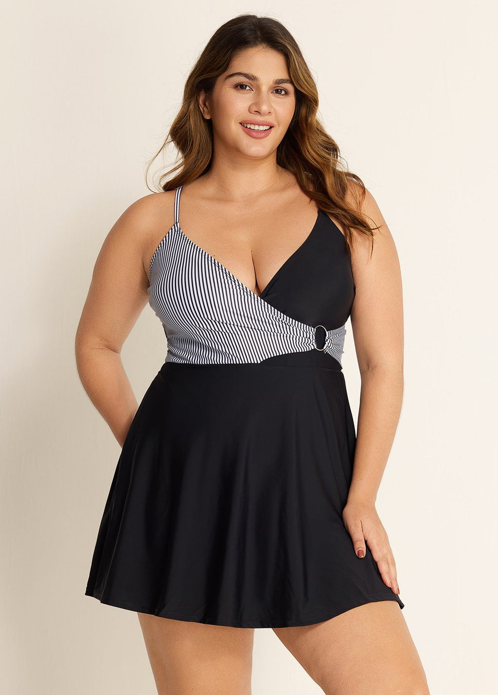 Black And White V Neck Striped Wrap One Piece Swimdress