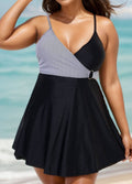 Black And White V Neck Striped Wrap One Piece Swimdress