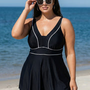 Black Contrast Trim Adjustable Straps One Piece Swimdress
