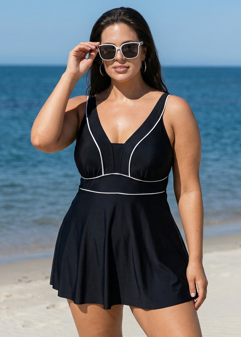 Black Contrast Trim Adjustable Straps One Piece Swimdress