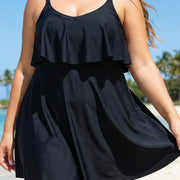 Black Layered Ruffle Trim Adjustable Strap Elegant One Piece Swimdress
