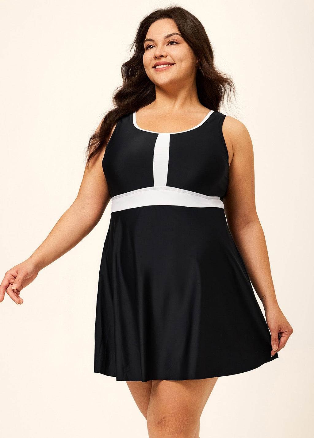 Black And White Color Block Round Neck Casual One Piece Swimdress